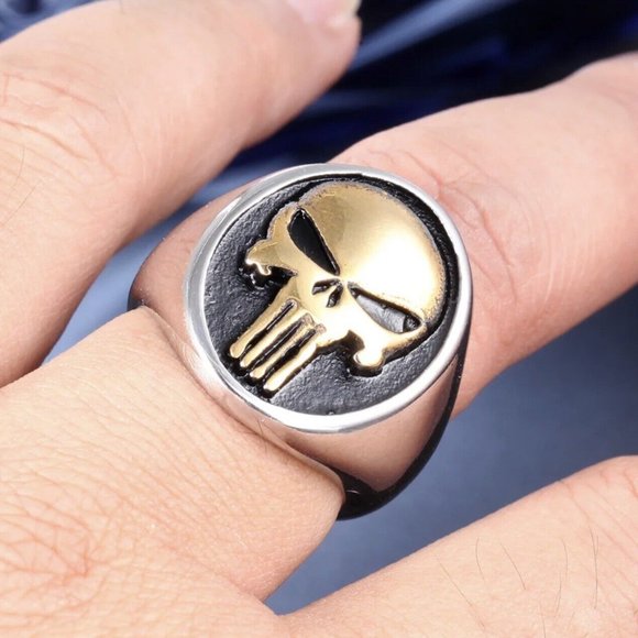 New Gold Plated Tone Stainless Steel Mens Biker Punisher Skull Ring Size 7-15 - Picture 6 of 8